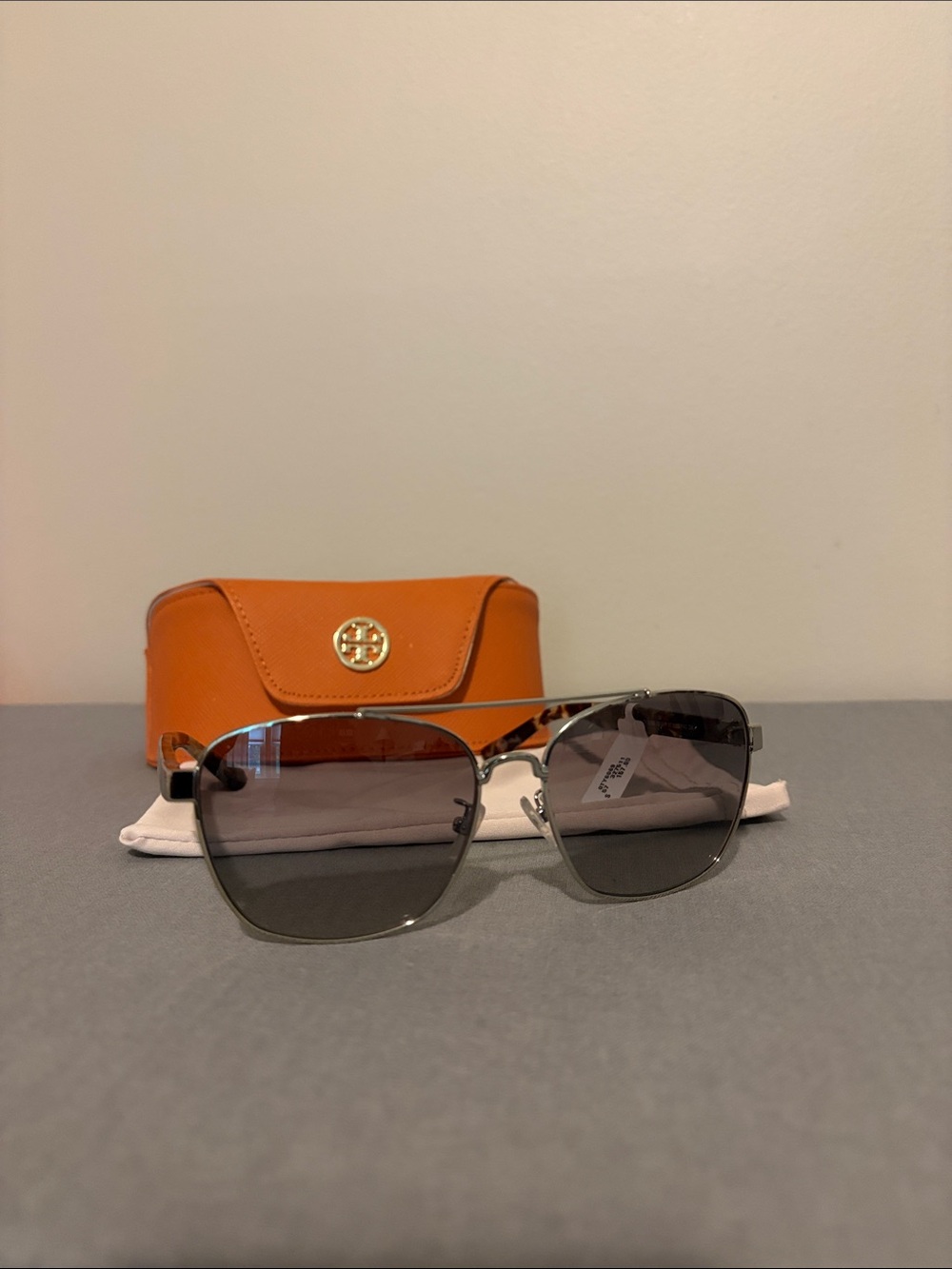 Tory Burch Silver Frame Sunglasses with Orange Case